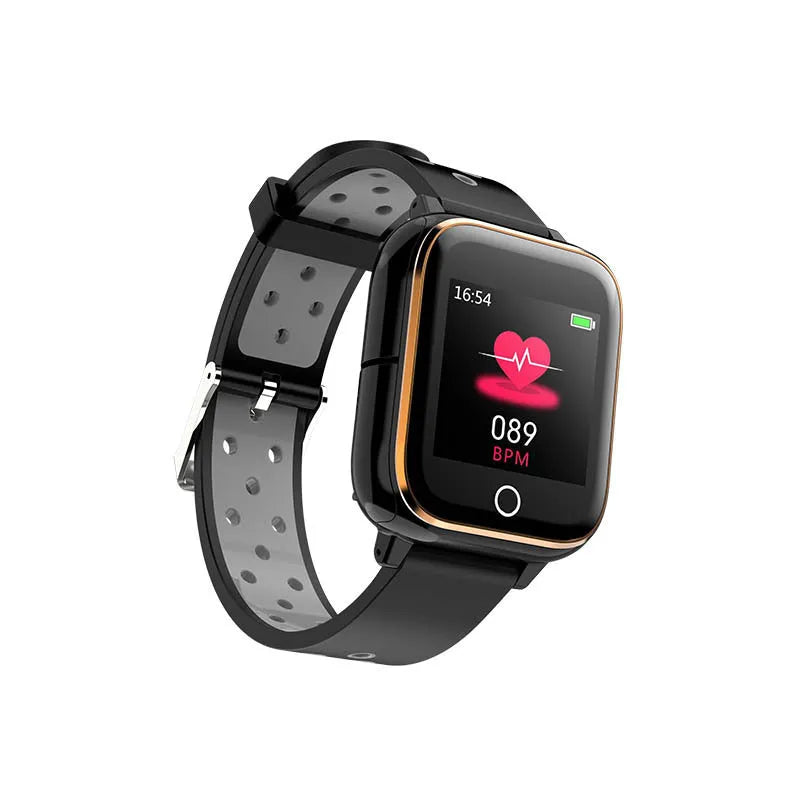 Black smartwatch bracelet with removable Bluetooth earbuds showing 1.4 inch screen displaying heart rate and time