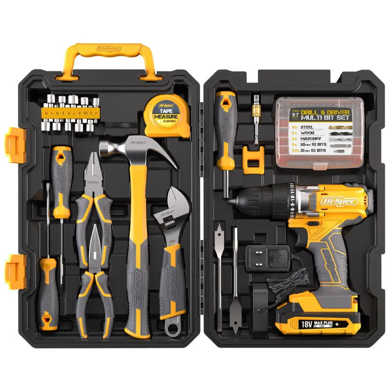 Grey yellow 82-piece chrome-vanadium steel tool set in a storage case for furniture installation.