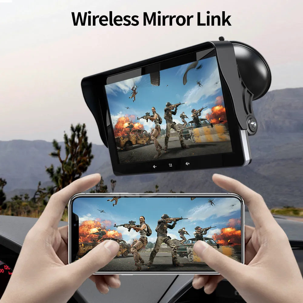 7-inch wireless CarPlay display for cars with suction cup mount and cigarette lighter power cable