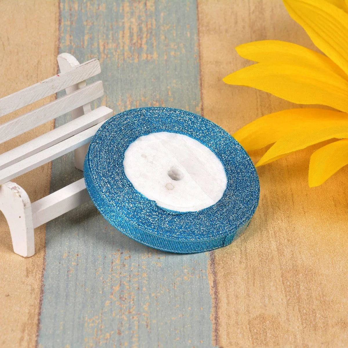 3 points polyester ribbon with colourful green onion pattern and metallic wire accents on 25-yard spool