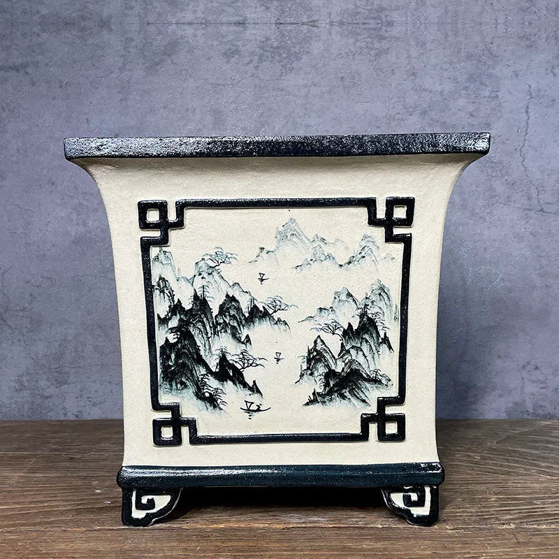 Hand painted ceramic flower pot with glazed finish and Chinese style landscape painting in Beautiful Scenery design