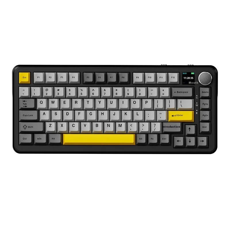 Three-mode mechanical keyboard with wireless hot-swap design in black, grey, or yellow colour options