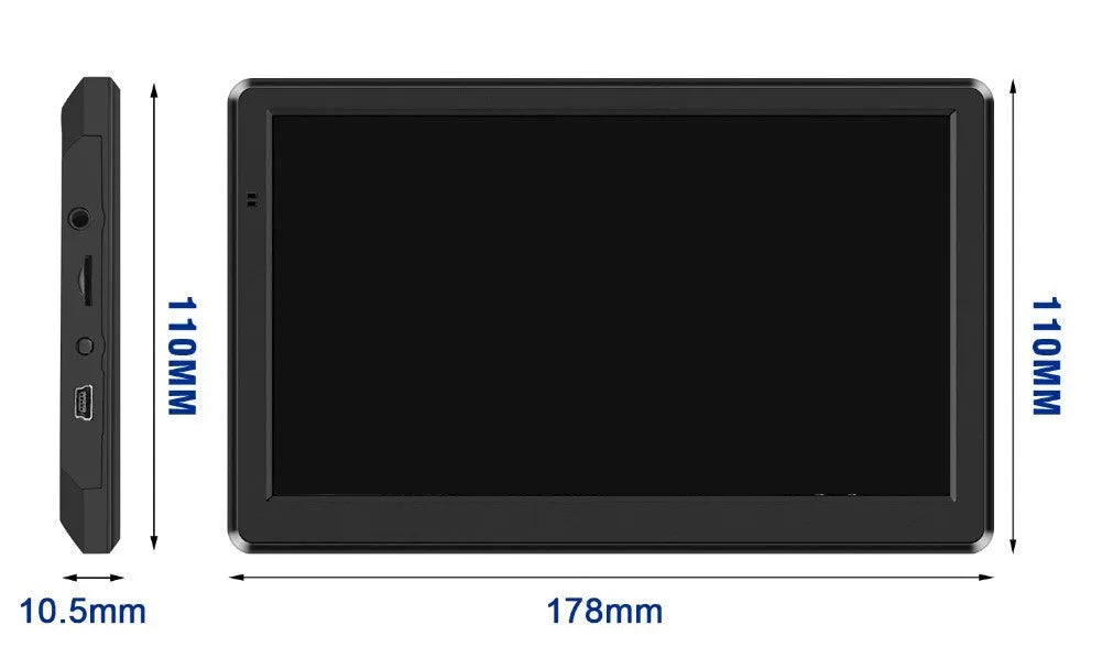 7-inch car GPS navigation device with touchscreen displayed on car dashboard with mounting bracket