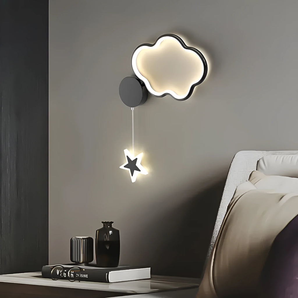 Cloud and star shaped children's bedside wall lamp with LED lighting in black or white finish
