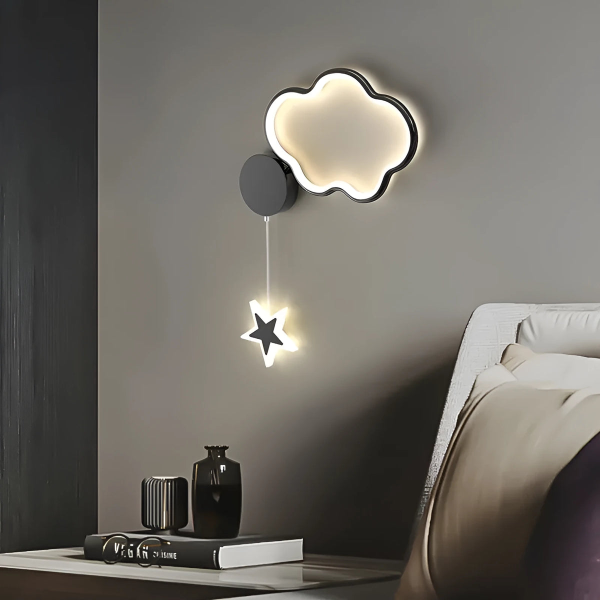 Cloud and star shaped children's bedside wall lamp with LED lighting in black or white finish