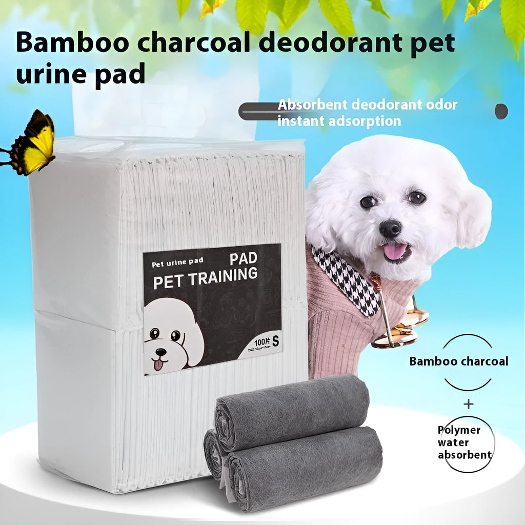 Pack of disposable absorbent pet urinal pads or diapers for dogs and cats on a floor.