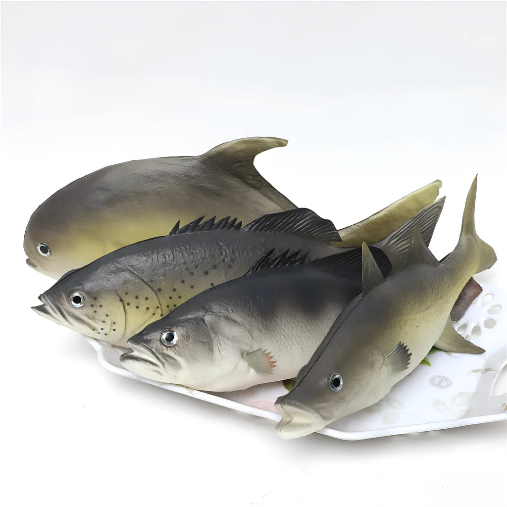 Three PU simulated fish ornaments showing yellow-fin tuna, small tuna and flower fish ocean creature models