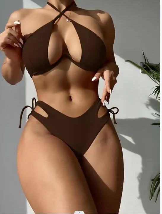 Brown women's halter bikini swimsuit with briefs bottom on a neutral background.