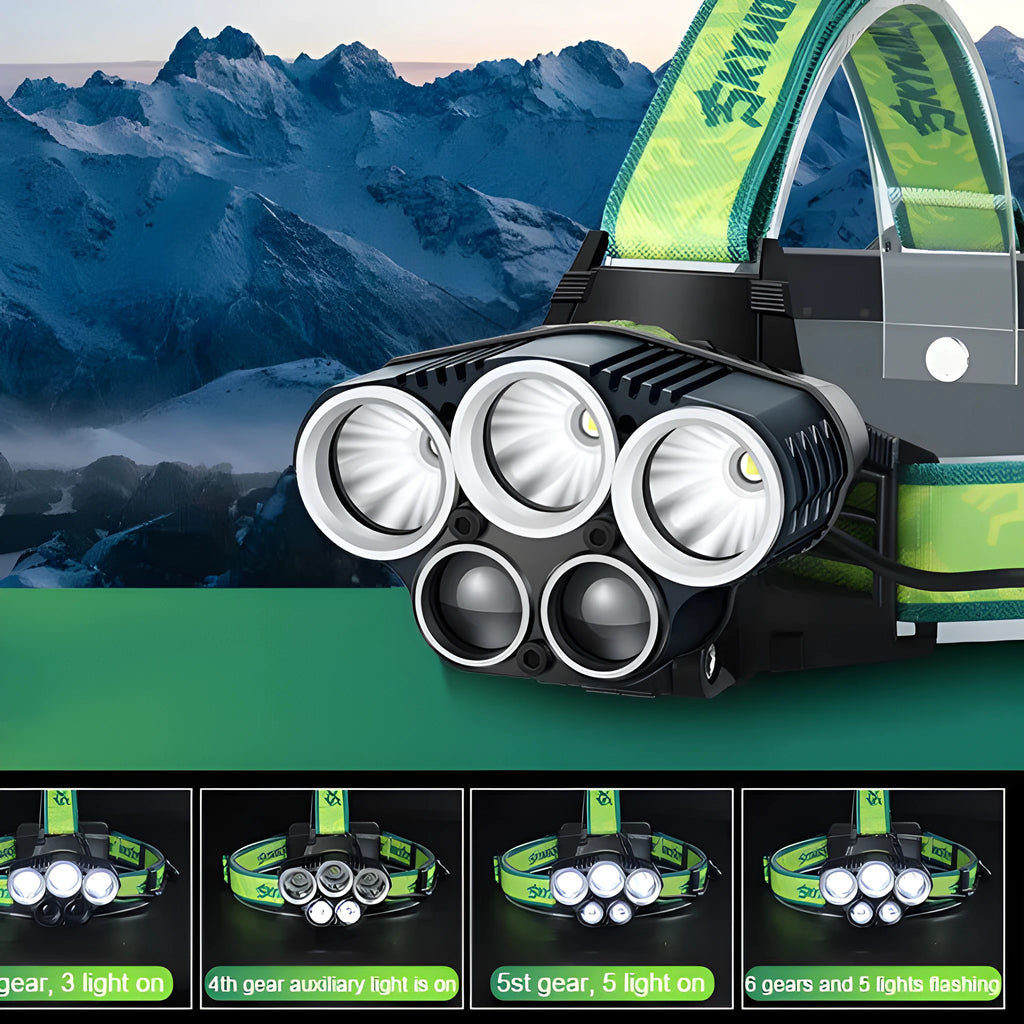 USB rechargeable aluminium alloy headlight with five LED lights for outdoor camping and hiking