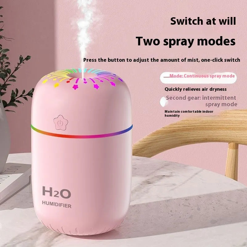 Small white USB humidifier with 300ml tank on desk next to laptop