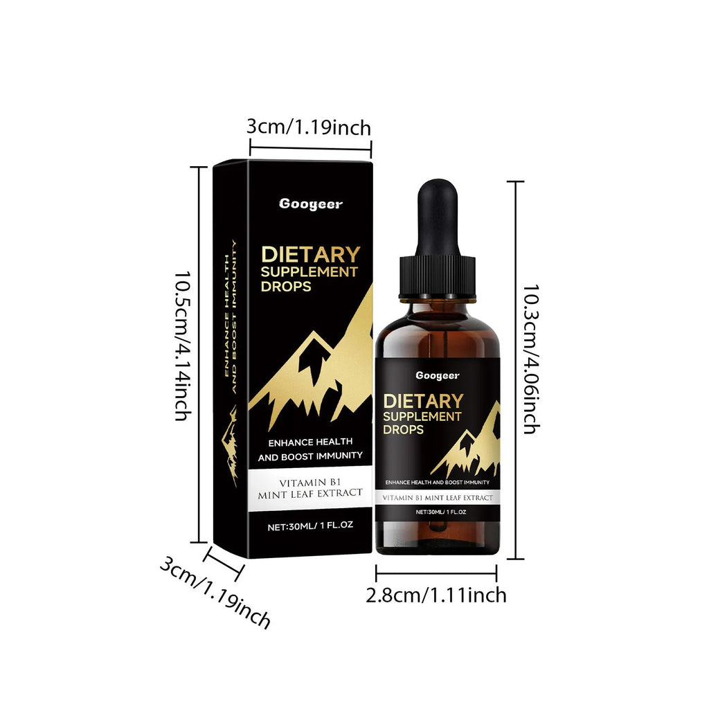 Glass bottle of amber liquid dietary supplement drops with a black rubber dropper top.
