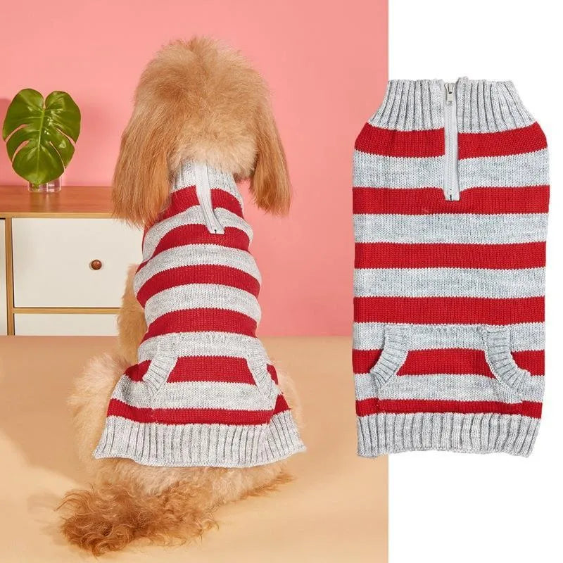 Grey dog sweater with horizontal zipper and button pocket for small to medium sized dogs