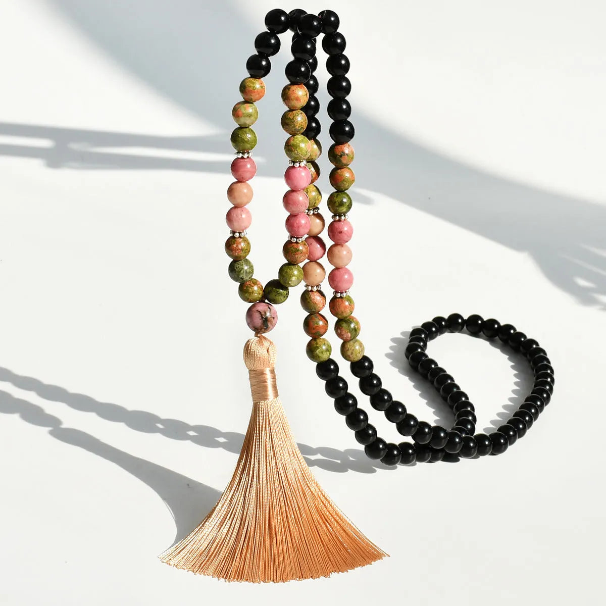 108 natural stone tassel necklace with gemstone pendant on long bead chain