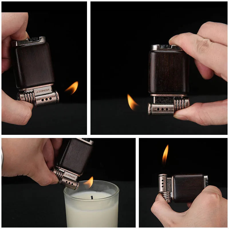 Ebony gas lighter with black wood and rosewood decorative surfaces