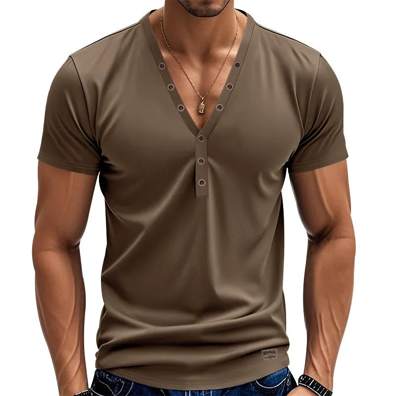 Men's loose fit V-neck T-shirt with button design in chemical fibre blend fabric