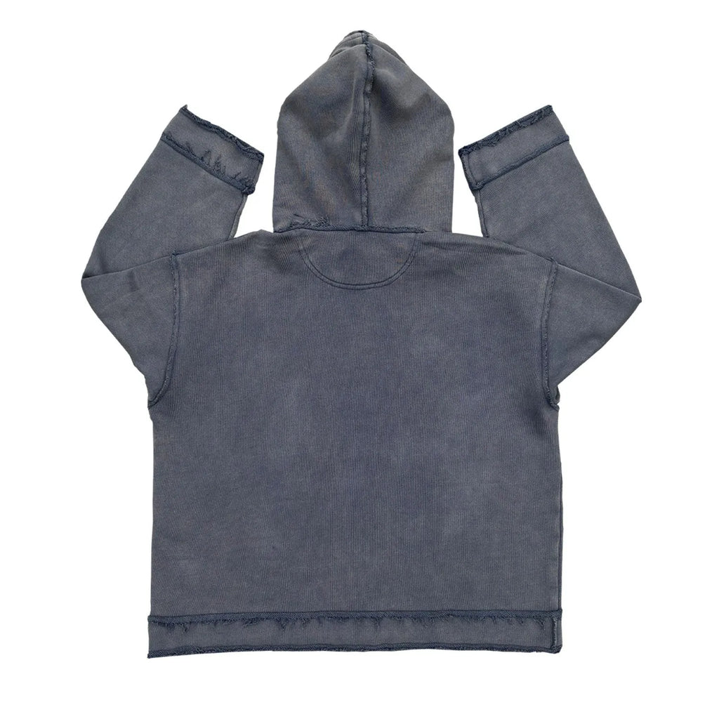Reverse dark blue hoodie sweater with a zip detail on the back.