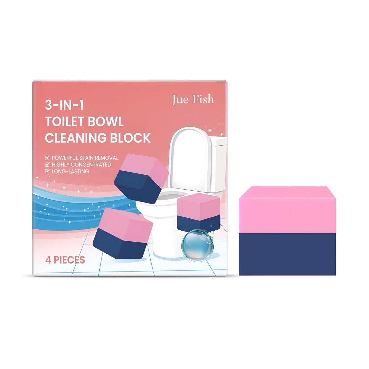 Four three-in-one toilet cleaning blocks for bathroom hygiene with sodium bicarbonate and citric acid ingredients