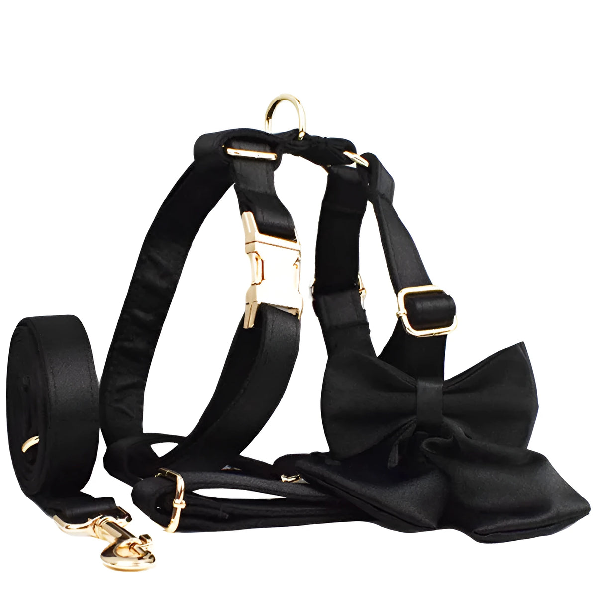 Soft cloth dog collar, leash, vest, and bow tie set shown in multiple colours for small to extra large dogs.