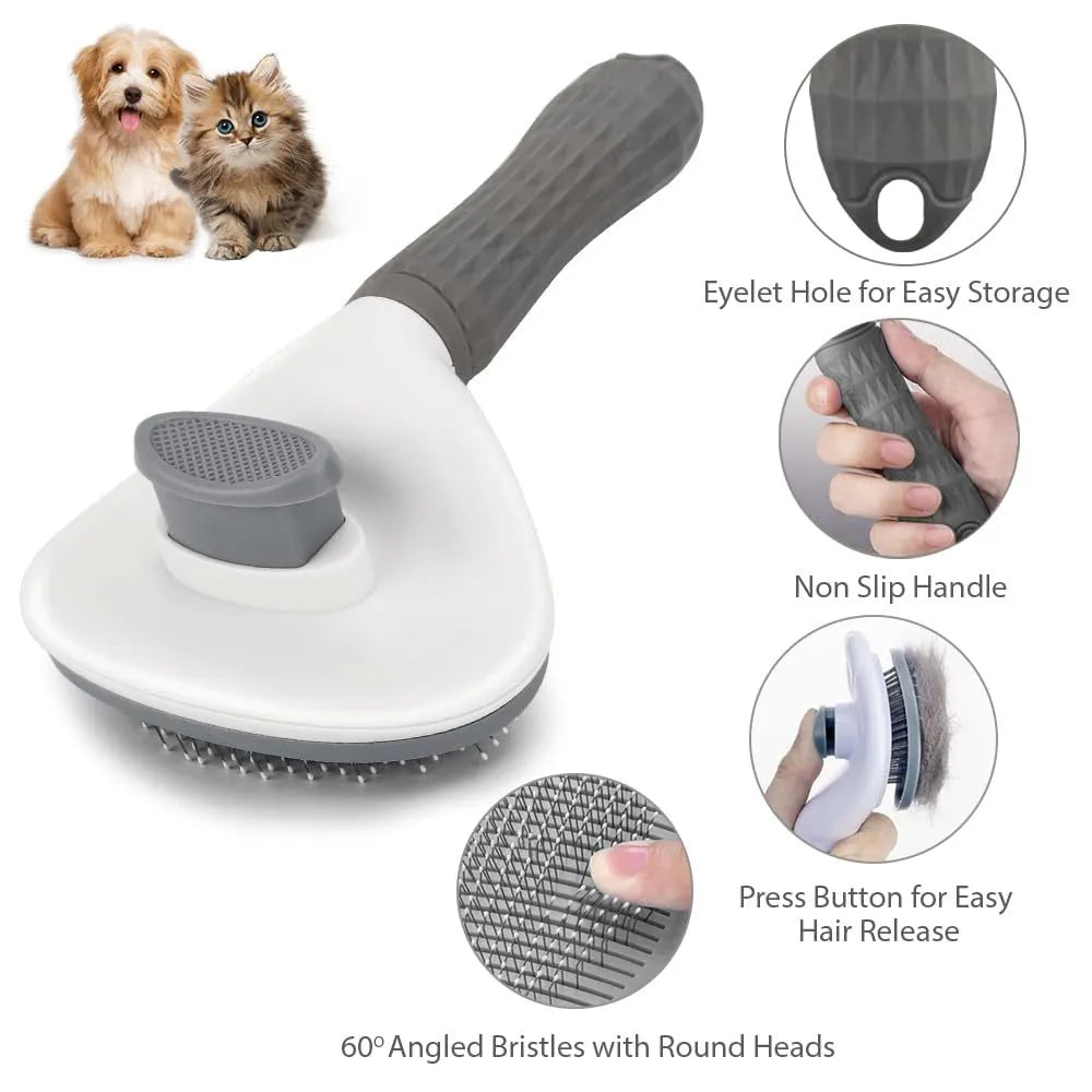 Blue cat grooming brush with a release button and fine wire bristles for pet hair removal