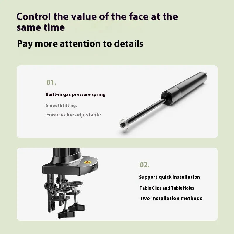 Dual monitor desk mount bracket in aluminium alloy with mechanical height adjustment