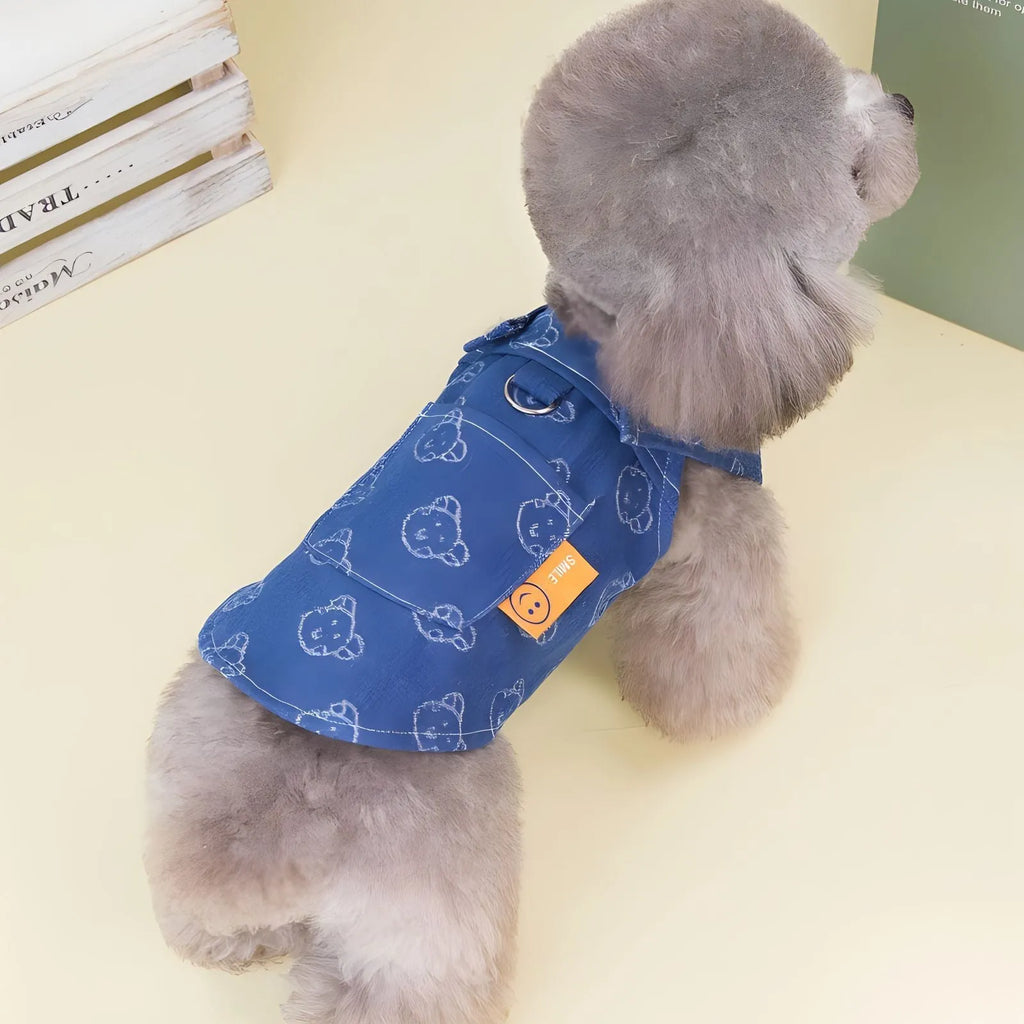 Small dog wearing denim princess dress with bracket-skirt style in classic denim colour