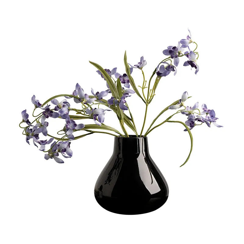 Ceramic round belly French-style vase with decorative flowers in black or white colour options