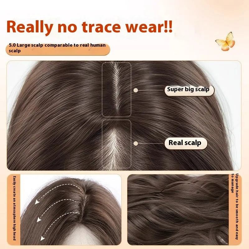 A woman wearing a long curly synthetic wig with side bangs, available in cold brown and brown black colours.