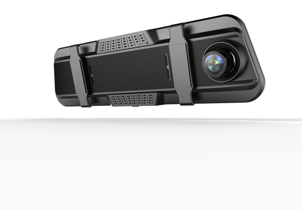 Black dual-lens driving recorder with 9.66-inch touch screen mounted on a car rearview mirror.