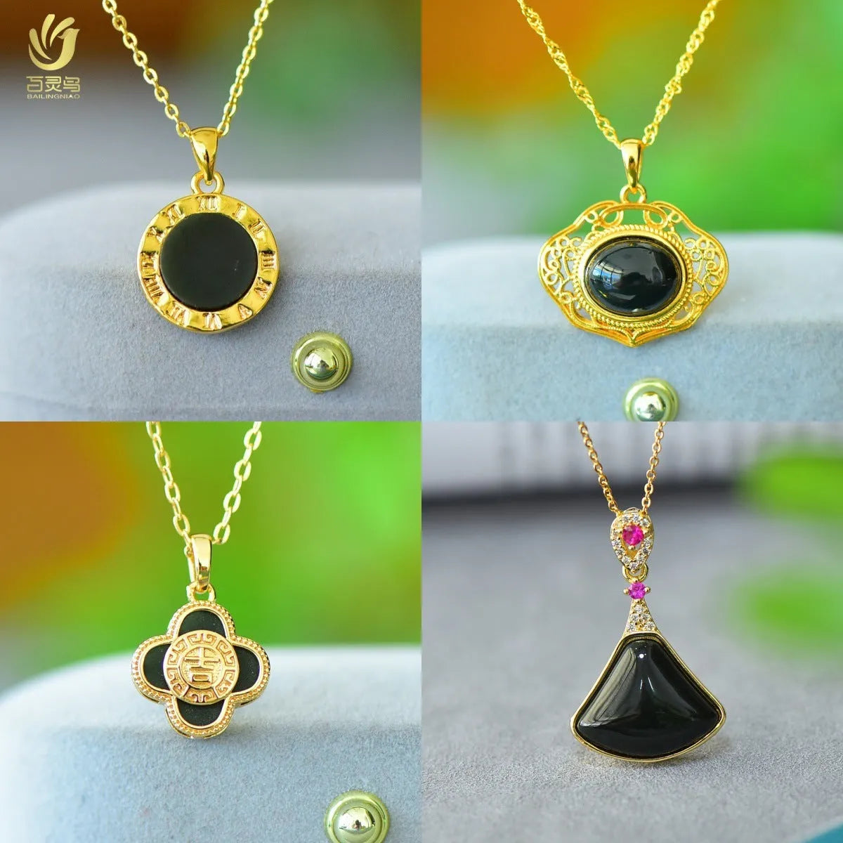 Natural grey Hetian jade pendant with copper inlay on a chain, modern simplicity style.