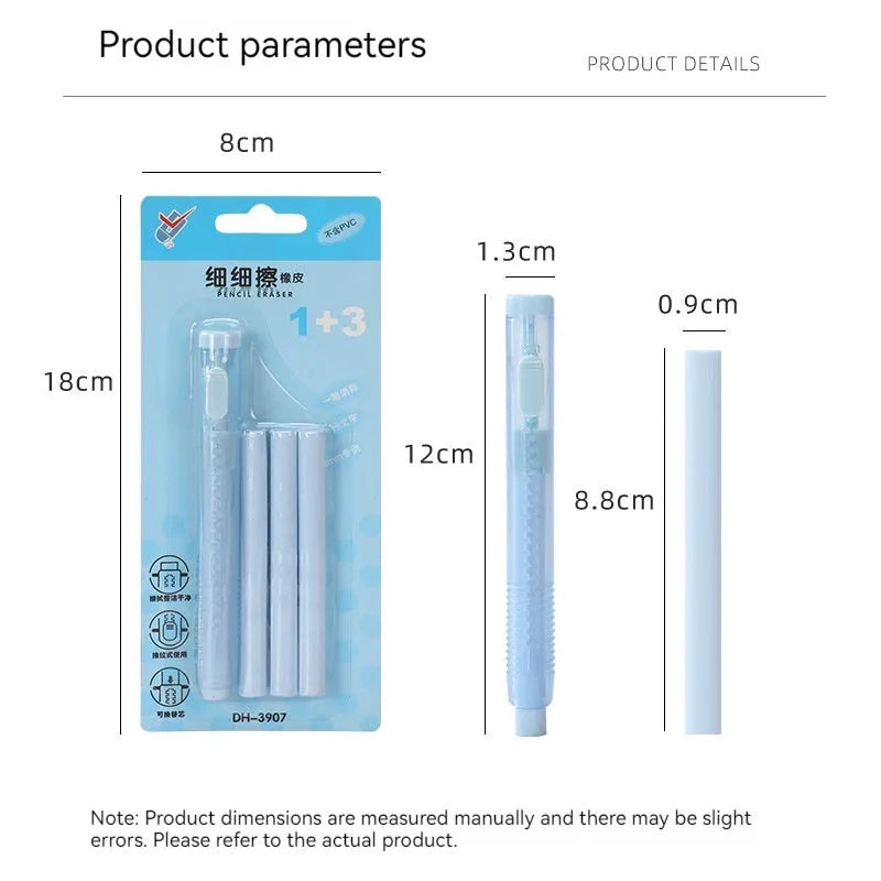 Push type traceless automatic eraser in blue, green, pink and purple colours measuring 12x8 cm
