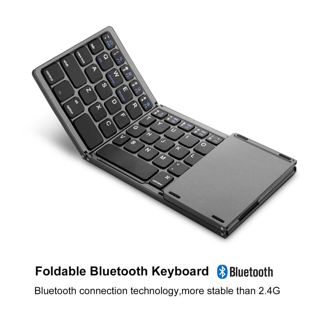 Black tri-fold Bluetooth keyboard shown unfolded next to smartphone demonstrating portable wireless typing