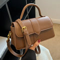 Women's beige PU messenger bag showing front view with sandwich pocket, 22cm width, and handle.