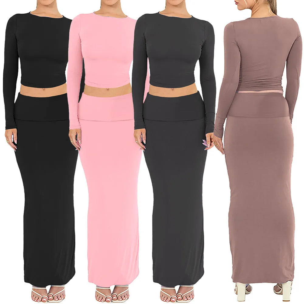 Women's autumn two-piece suit in polyester with slim fit and long skirt