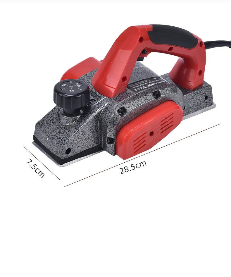 Red electric wood planer tool with aluminium body for carpentry work