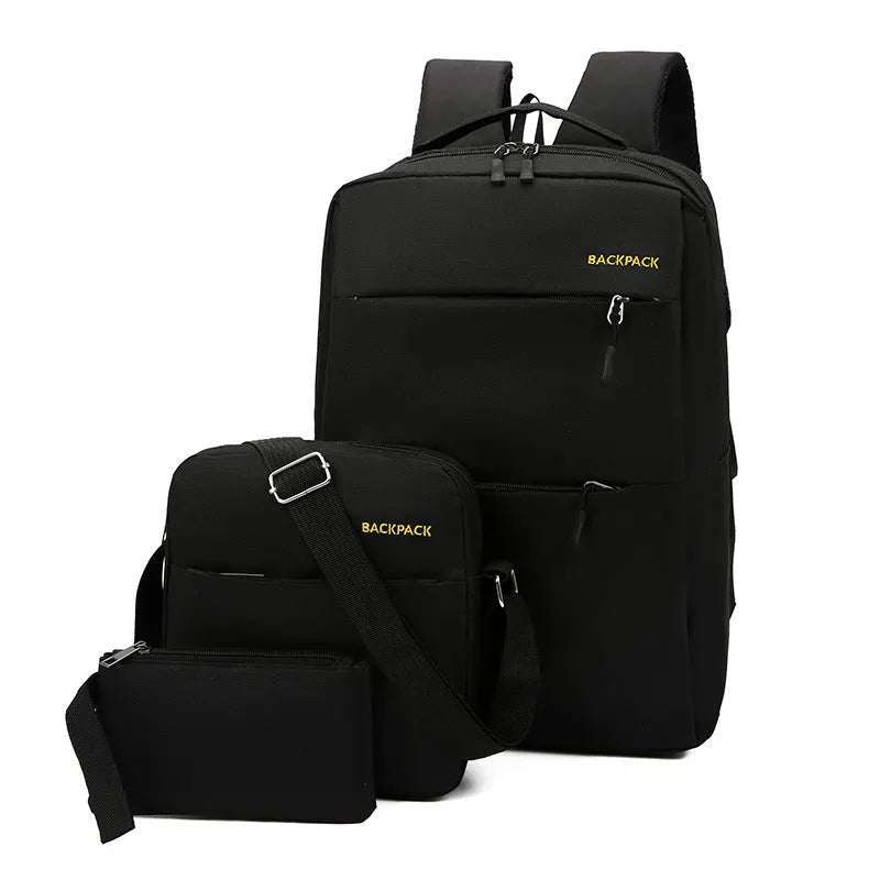 Men's USB charging computer bag three-piece set in black nylon with multiple compartments