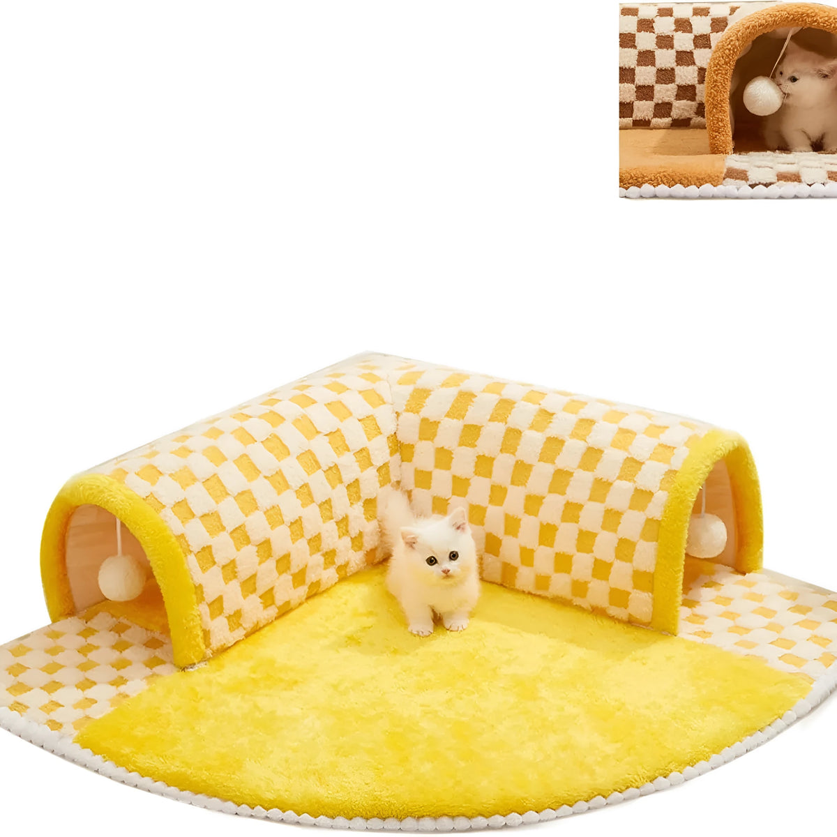 Brown plush plaid cat tunnel bed with central mat, showing collapsible tube design for indoor cats
