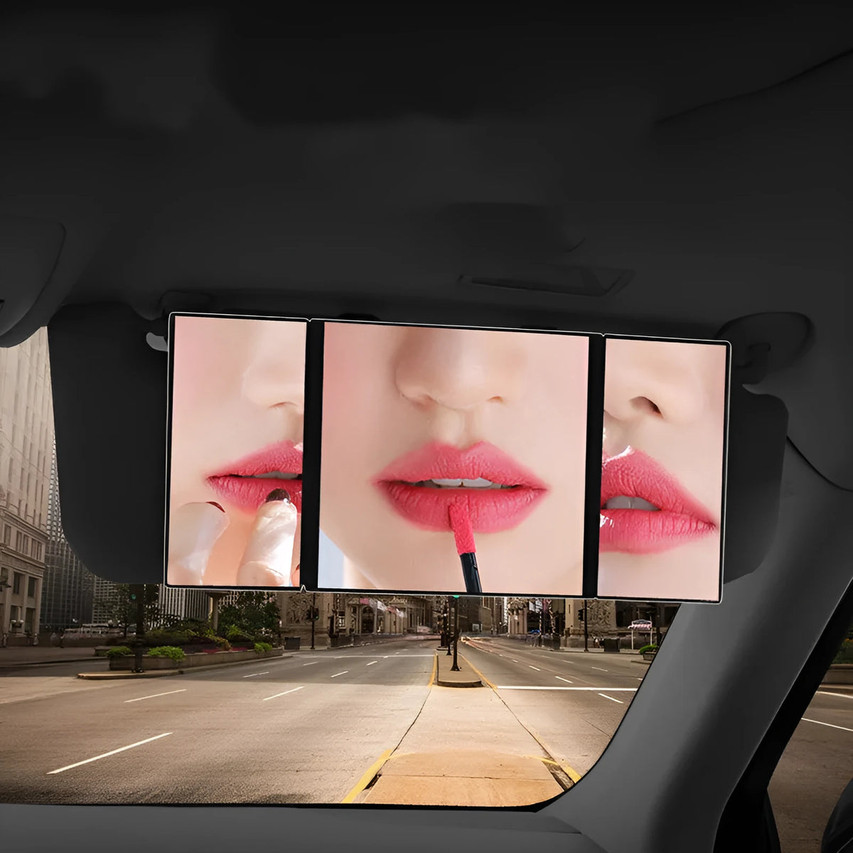 Silver car folding makeup mirror shown closed and open, with ABS plastic frame.