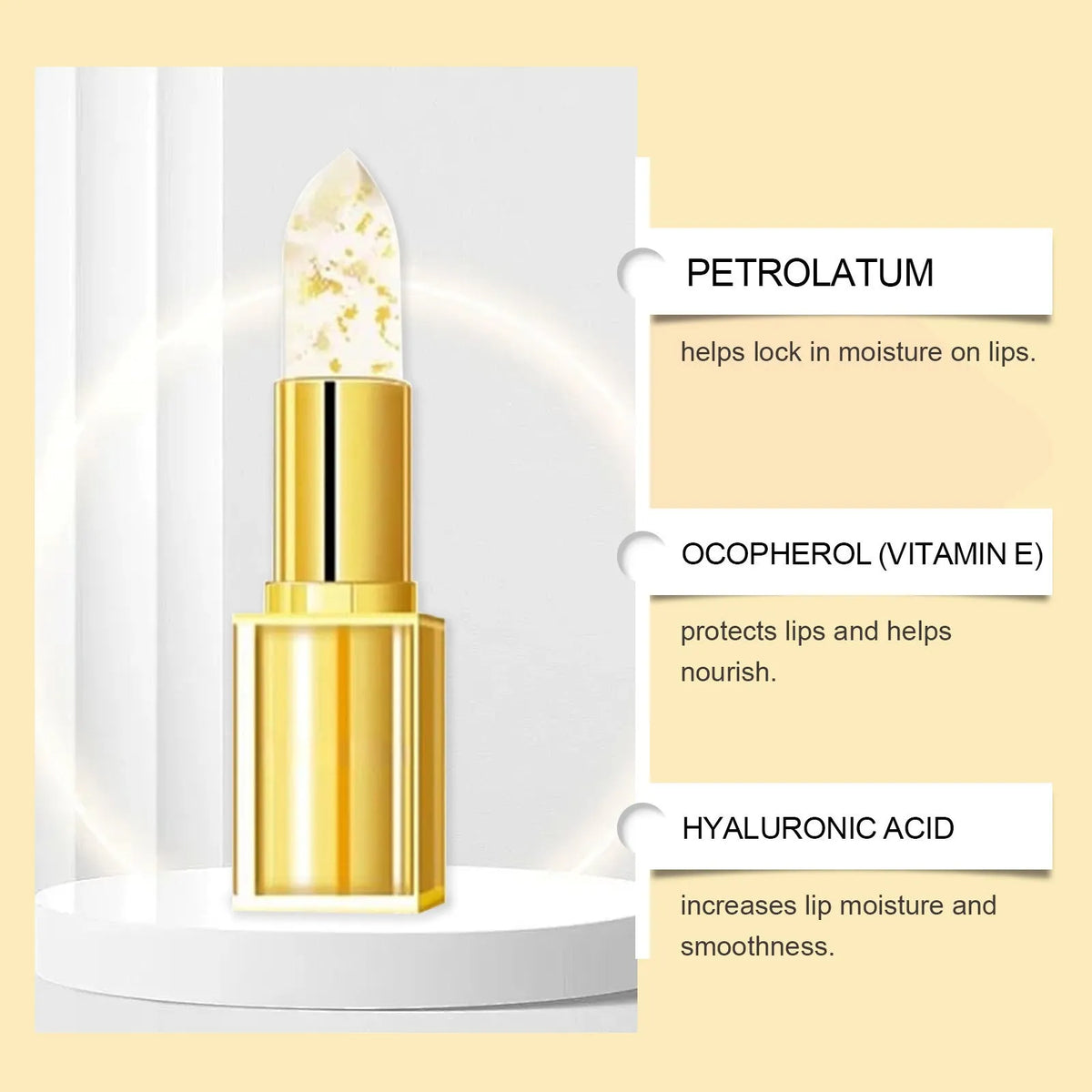 Gold foil nourishing lipstick with 3.5g content in 2.6cm square packaging