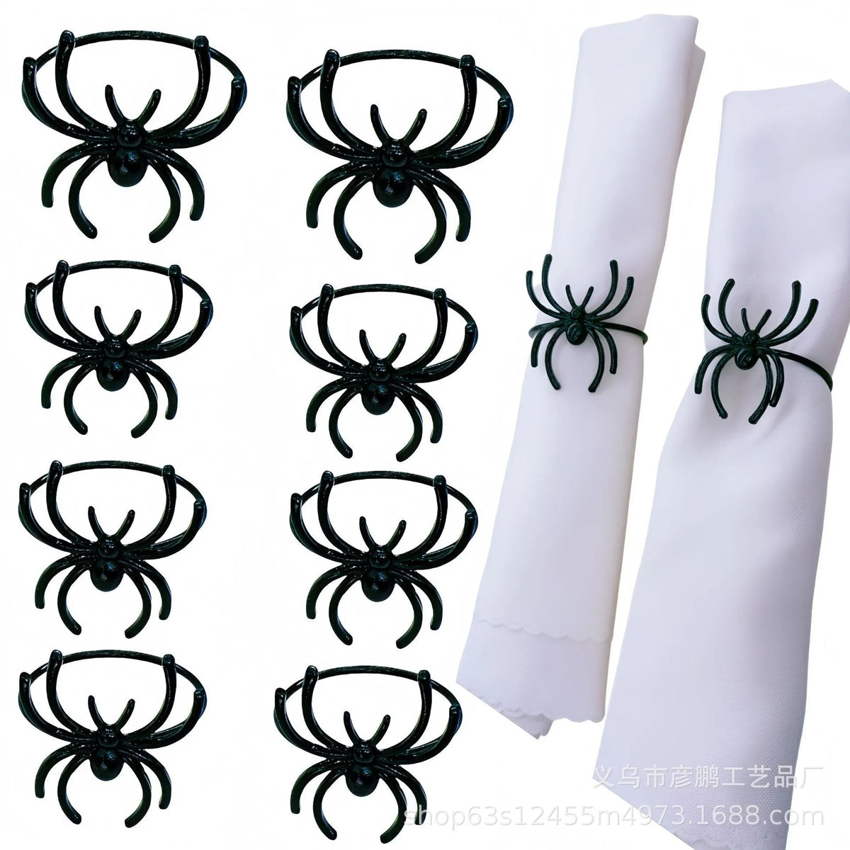 Set of six black spider patterned alloy napkin rings for Halloween table decoration