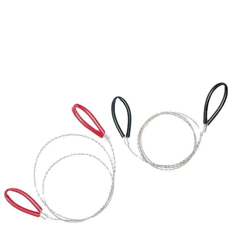 Black and red portable steel wire survival saw with leather carrying case, shown extended to its 70cm length.