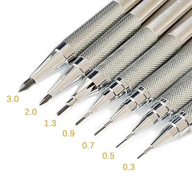 Metal automatic mechanical pencil with multiple lead size options for writing and drawing