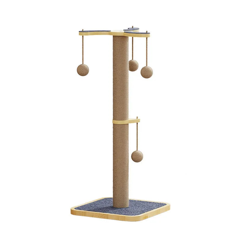 Windmill-shaped cat climbing frame with a hanging ball toy, made from pine wood with carpet leather surfaces