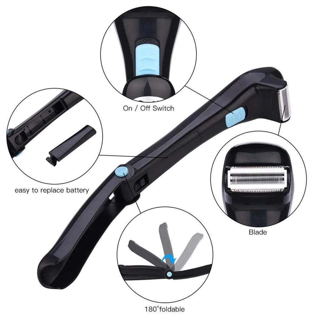 Black folding body electric shaver for whole body hair removal with battery compartment