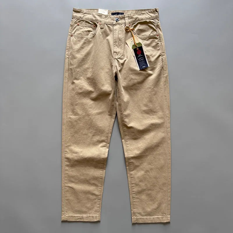 Men's straight leg casual cotton trousers in army green with a mid-waist design, showing front and back view.
