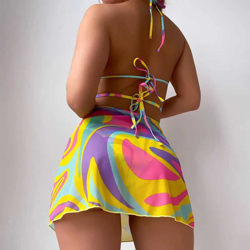 Yellow striped halter neck swimsuit for women with lace-up front and matching skirt