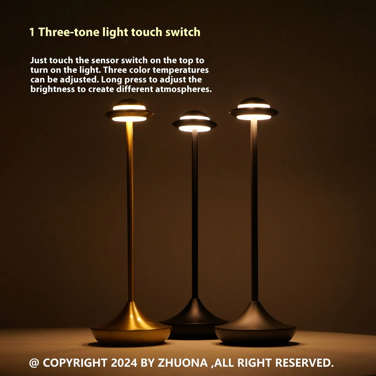 Modern metal UFO-shaped desk lamp with touch dimming, shown in grey finish.