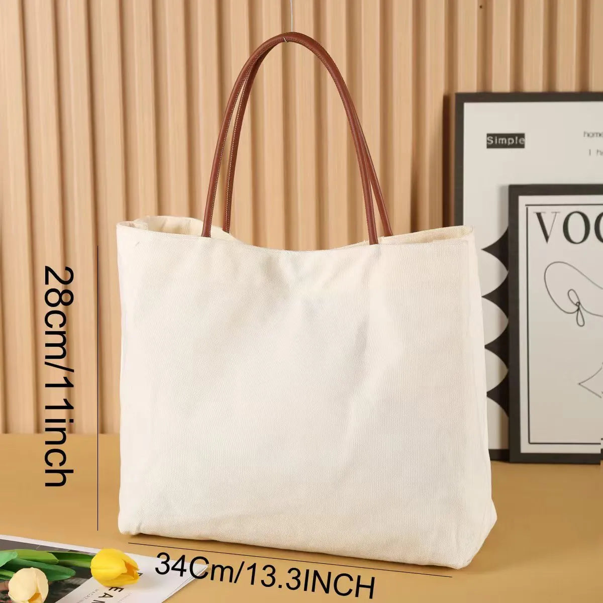 Beige white canvas tote bag made of cotton and jute with reinforced fabric handles