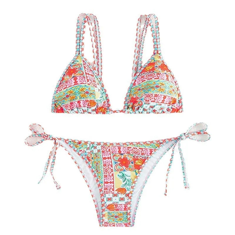 Women's lace-up split backless swimsuit bikini set in polyester with spandex lining