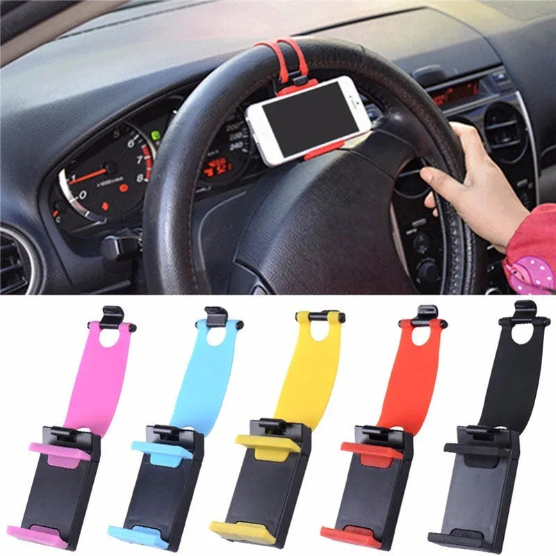 Black steering wheel phone mount with elastic clip and silicone padding for smartphones