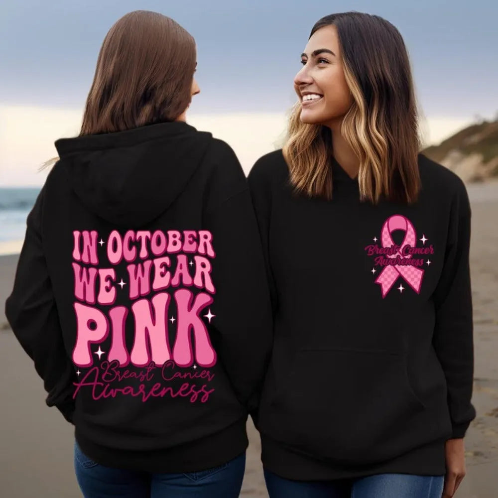 Breast cancer awareness pullover hoodie with retro hot stamp design and side seam pocket.